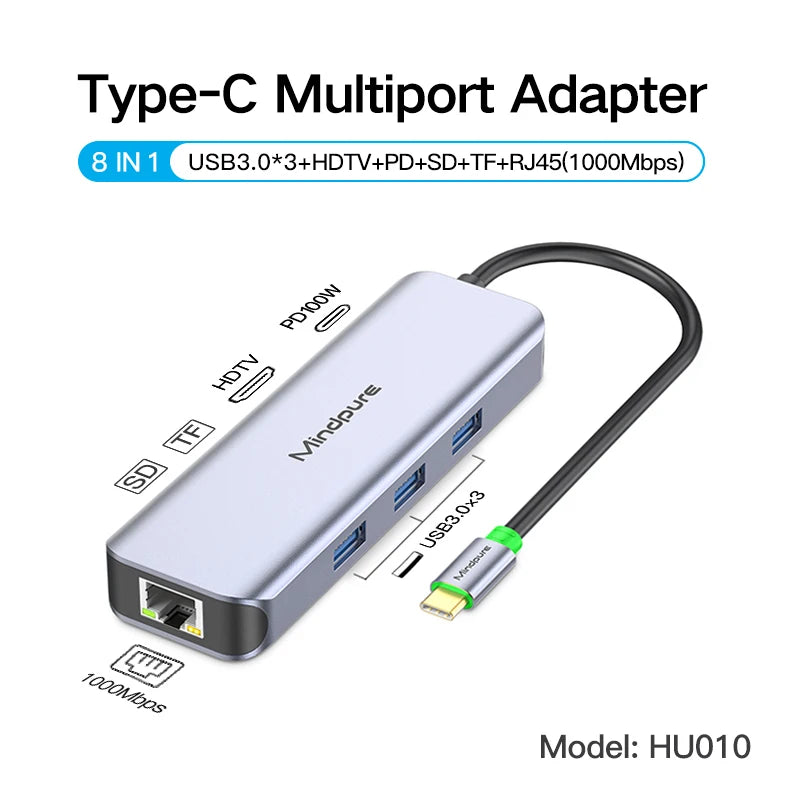 OEM 10-porters USB 3.0-hub, Type-C multiport-adapter, 10-i-1 dokkingstasjon med PD, HDMI og Ethernet for utvidelse på kontoret