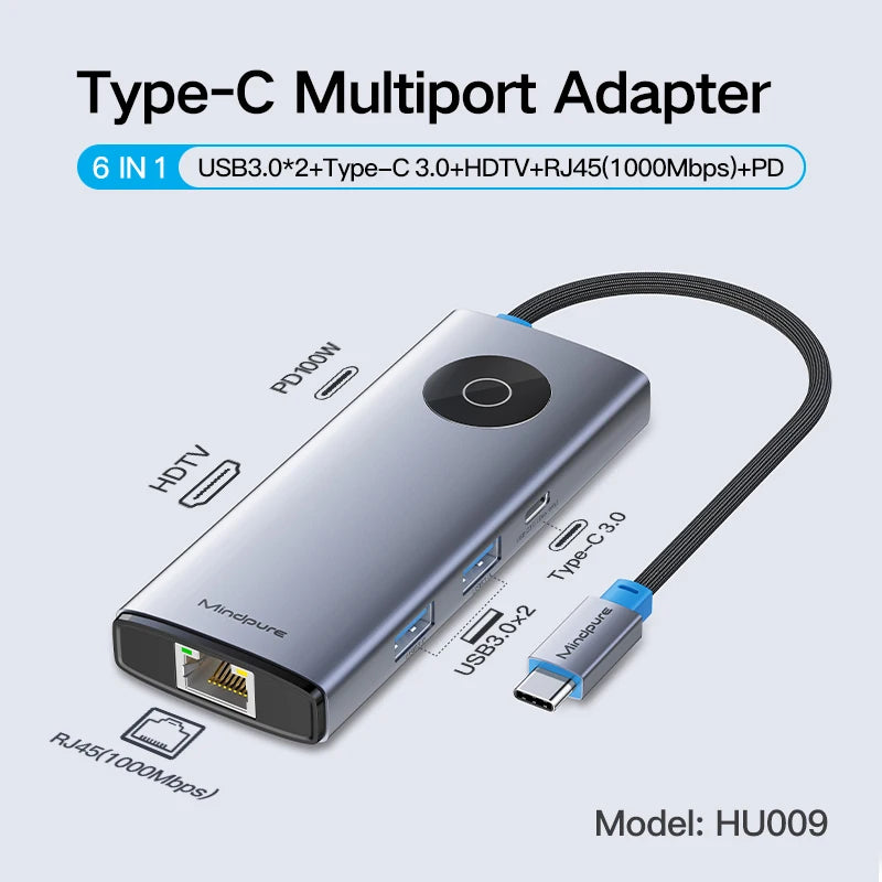 OEM 10-porters USB 3.0-hub, Type-C multiport-adapter, 10-i-1 dokkingstasjon med PD, HDMI og Ethernet for utvidelse på kontoret