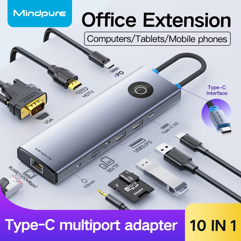 OEM 10-porters USB 3.0-hub, Type-C multiport-adapter, 10-i-1 dokkingstasjon med PD, HDMI og Ethernet for utvidelse på kontoret