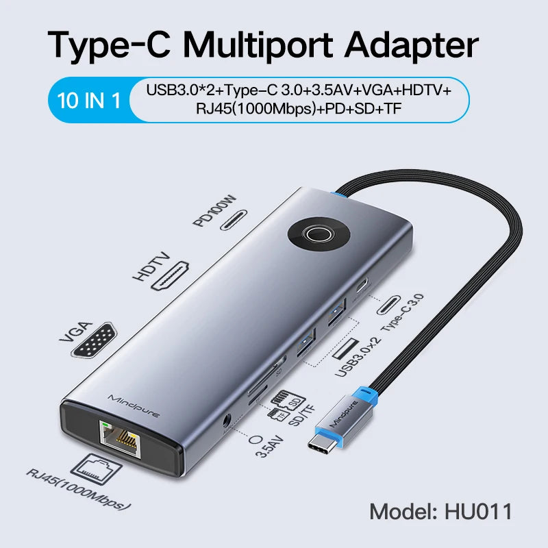 OEM 10-porters USB 3.0-hub, Type-C multiport-adapter, 10-i-1 dokkingstasjon med PD, HDMI og Ethernet for utvidelse på kontoret