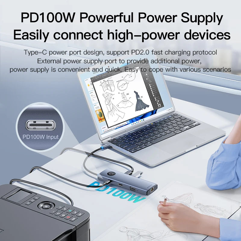 OEM 10-porters USB 3.0-hub, Type-C multiport-adapter, 10-i-1 dokkingstasjon med PD, HDMI og Ethernet for utvidelse på kontoret