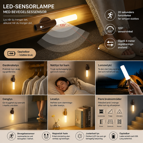 Oppladbar LED-sensorlampe med bevegelsessensor