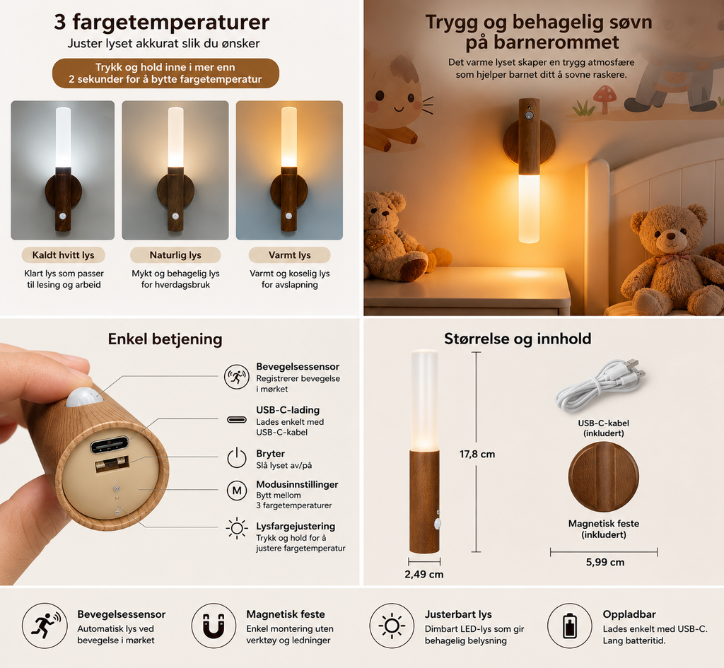 Oppladbar LED-sensorlampe med bevegelsessensor