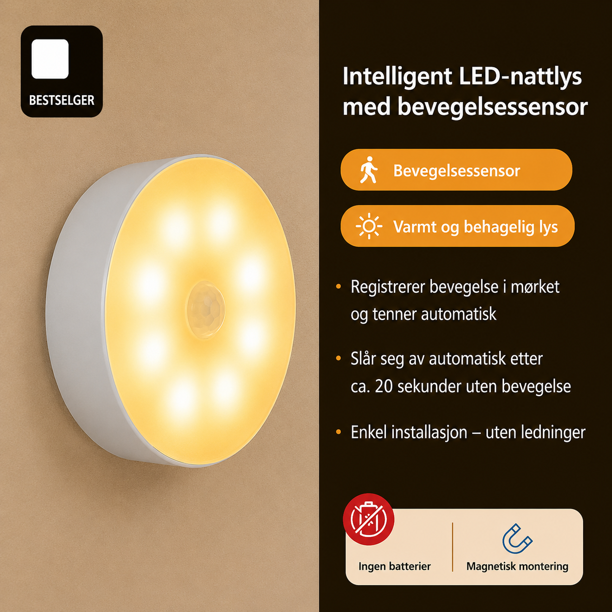 LED-nattlys med bevegelsessensor og magnetfeste