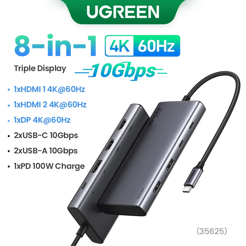 UGREEN USB-C Hub 8-i-1 – 4K HDMI, DP, USB 3.2 og 100 W PD