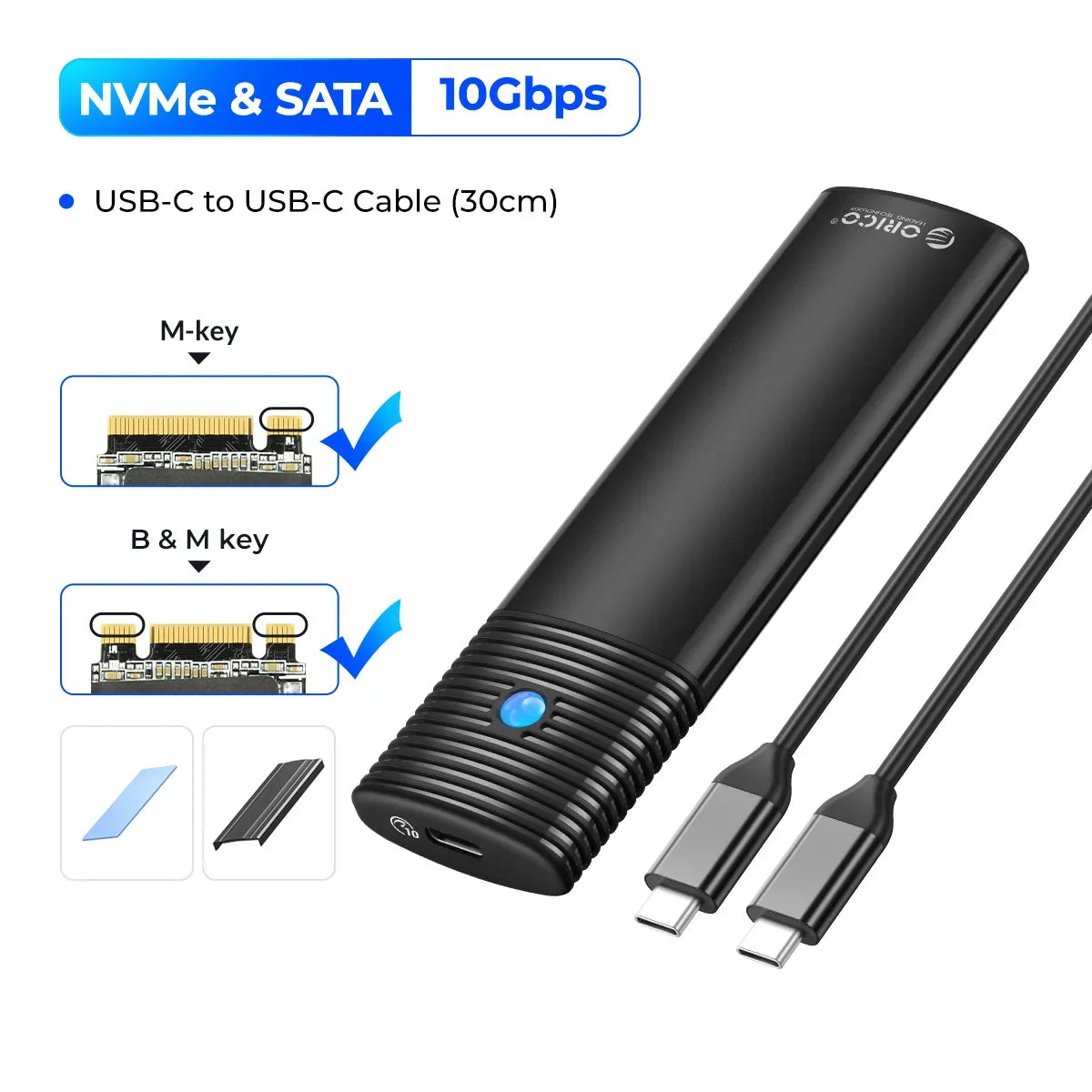 ORICO M.2 SSD-kabinett for NVMe/SATA – USB-C 10 Gbps, verktøyfri