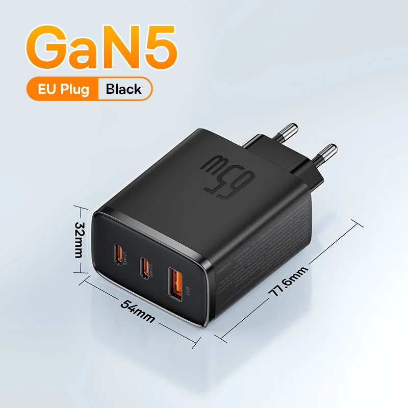 Baseus GaN5 65 W hurtiglader med tre porter