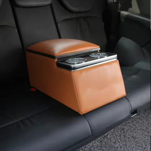 High-Quality Leather Car Rear Center Console Storage Armrest Box with Cup Holders Customizable for Various Models