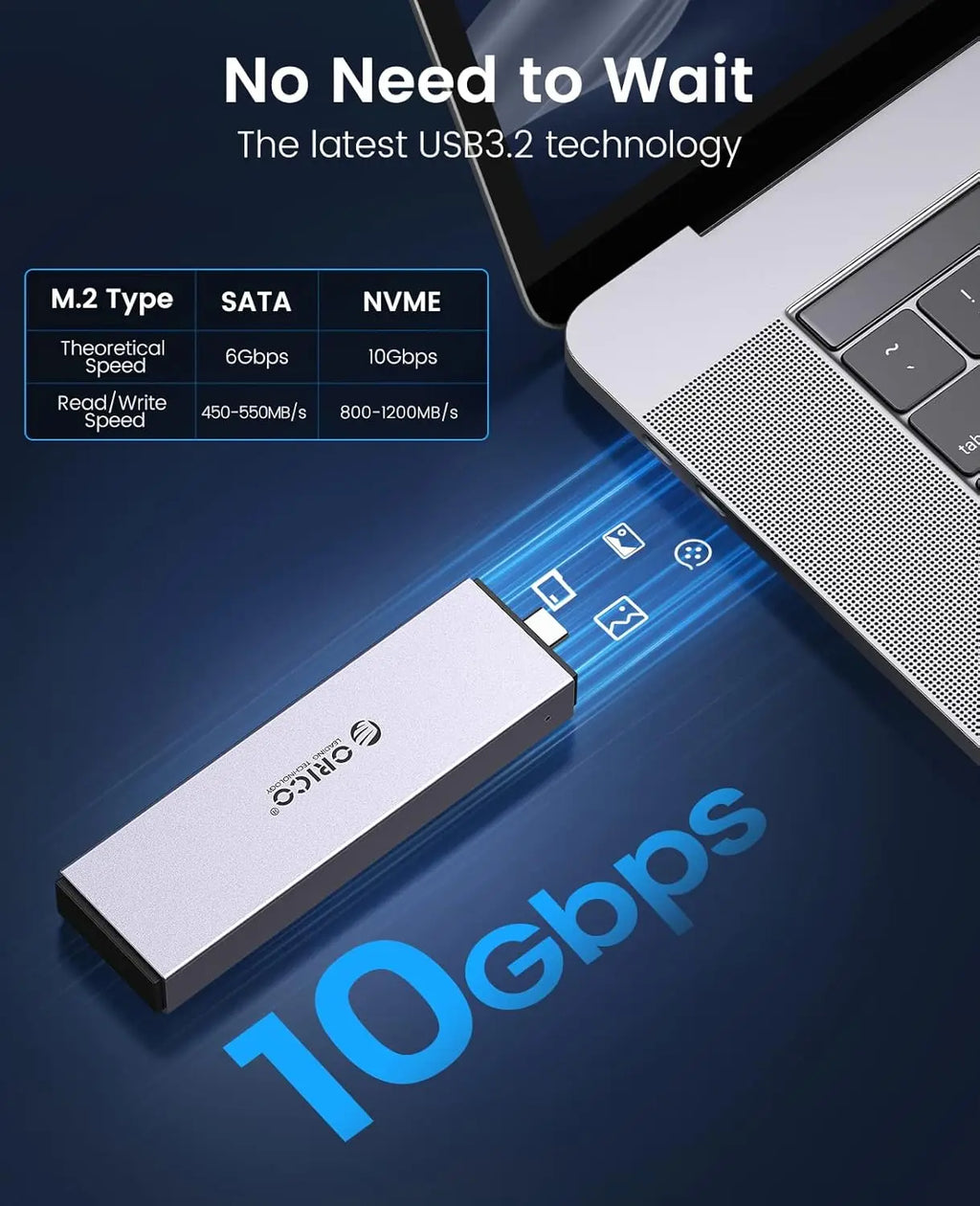ORICO M.2 SSD-kabinett for NVMe/SATA – USB-C 10 Gbps, verktøyfri