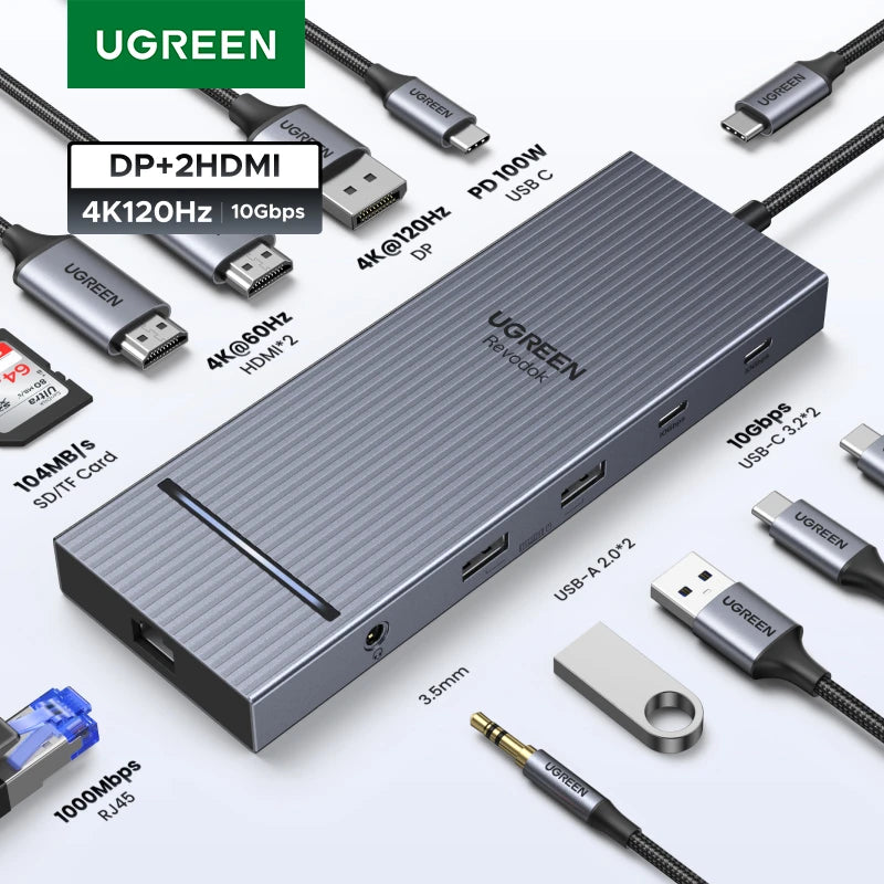 UGREEN 12-i-1 USB-C-hub – 2× HDMI, DP, 10 Gbps, RJ45 og 100 W PD