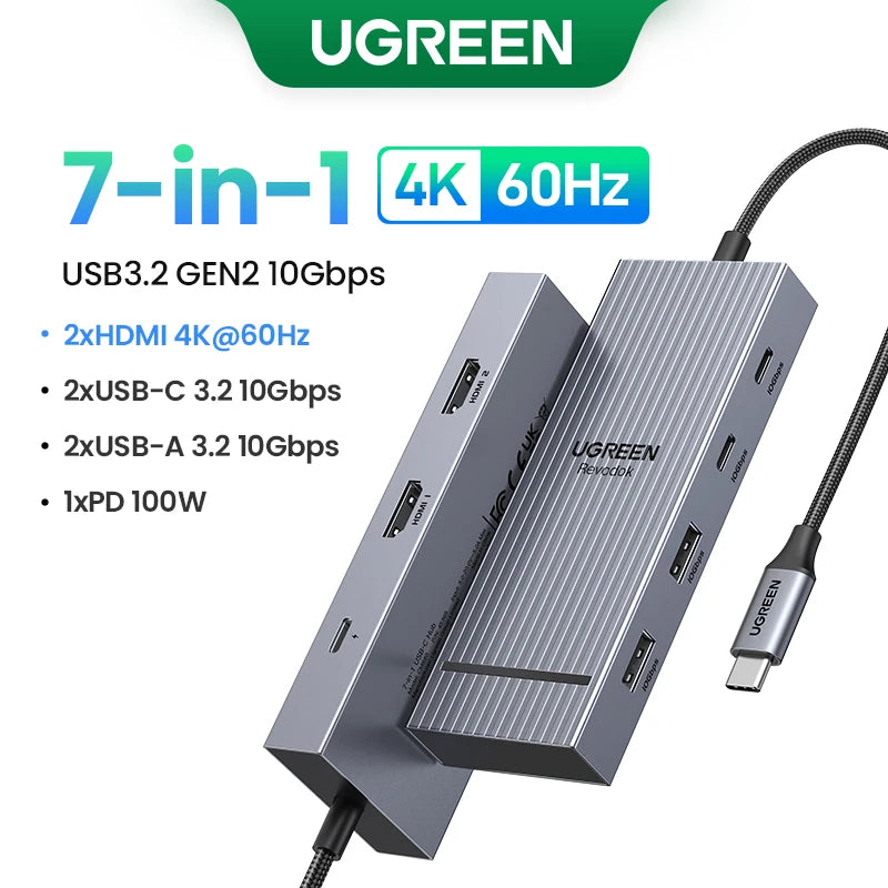 UGREEN 12-i-1 USB-C-hub – 2× HDMI, DP, 10 Gbps, RJ45 og 100 W PD