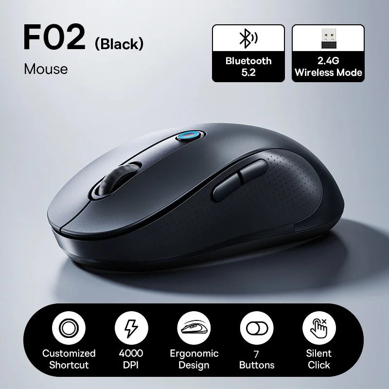 Baseus F02 Trådløs mus Bluetooth 5.2 2.4G 4000DPI Ergonomisk med 7 lydløse knapper for iPad MacBook Nettbrett Bærbar PC Datamus