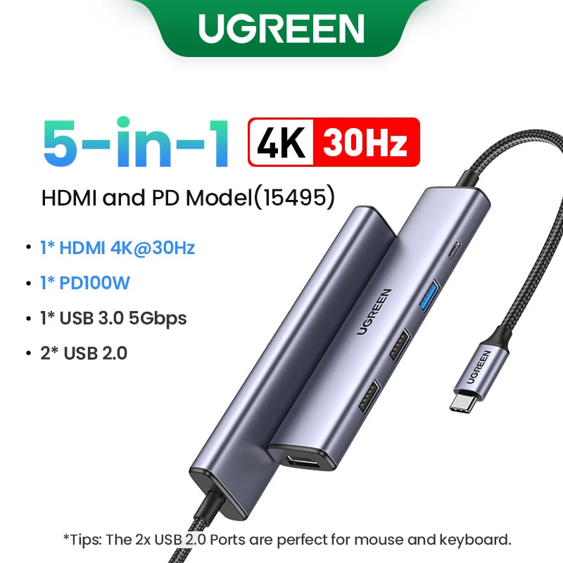 UGREEN 5-i-1 USB-C-hub med 4K HDMI og 100 W PD