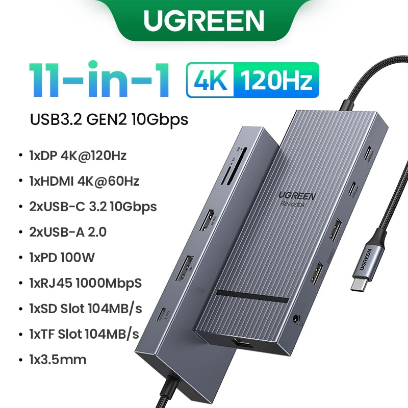 UGREEN 12-i-1 USB-C-hub – 2× HDMI, DP, 10 Gbps, RJ45 og 100 W PD