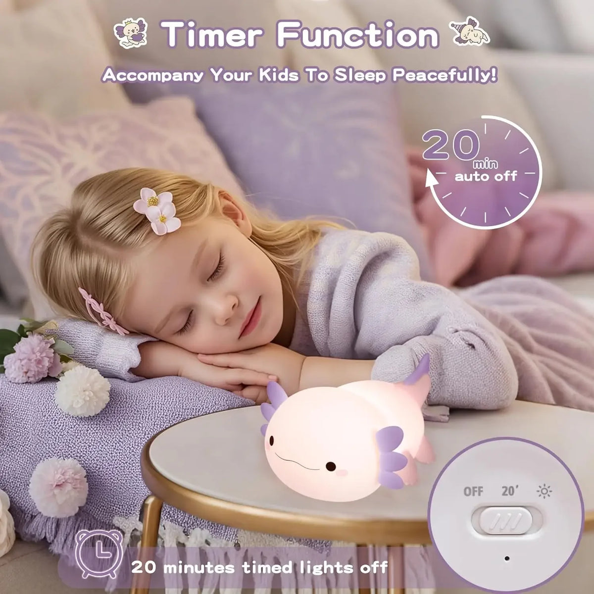 Nattlampe for barn, søt lilla axolotl-lampe, LED klembar nattlampe til barnerom, myk silikon nattbordslampe med dyremotiv