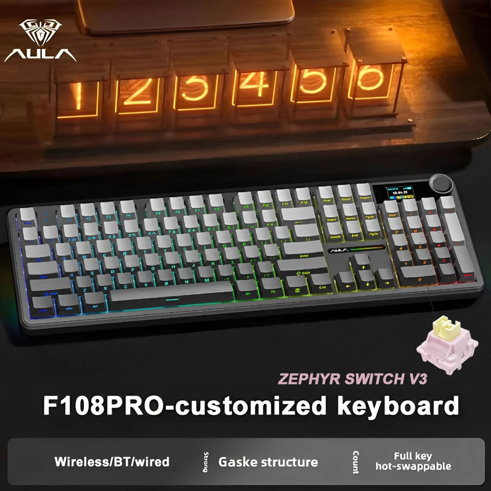AULA F108 Pro gaming mekanisk tastatur, tremodus tilpassbart flertastskjerm RGB e-sport trådløst tastatur med TFT smartskjerm