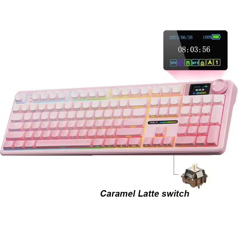 AULA F108 Pro gaming mekanisk tastatur, tremodus tilpassbart flertastskjerm RGB e-sport trådløst tastatur med TFT smartskjerm