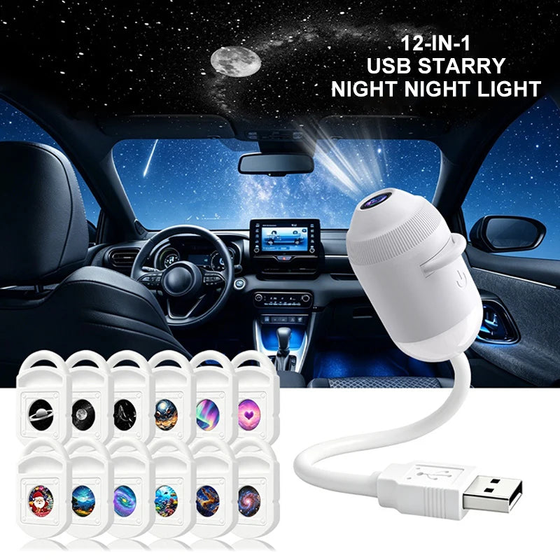 USB-stjernehimmelprojektor nattlys 360° justerbar galakseatmosfære-lampe for bilinteriør, hjem og soverom – romantisk nattlys