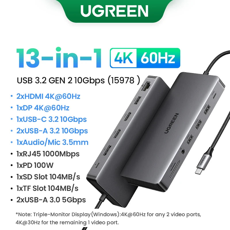 UGREEN USB-C Hub 8-i-1 – 4K HDMI, DP, USB 3.2 og 100 W PD