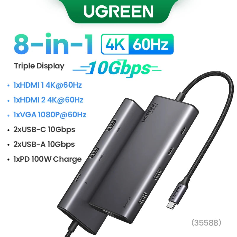 UGREEN USB-C Hub 8-i-1 – 4K HDMI, DP, USB 3.2 og 100 W PD