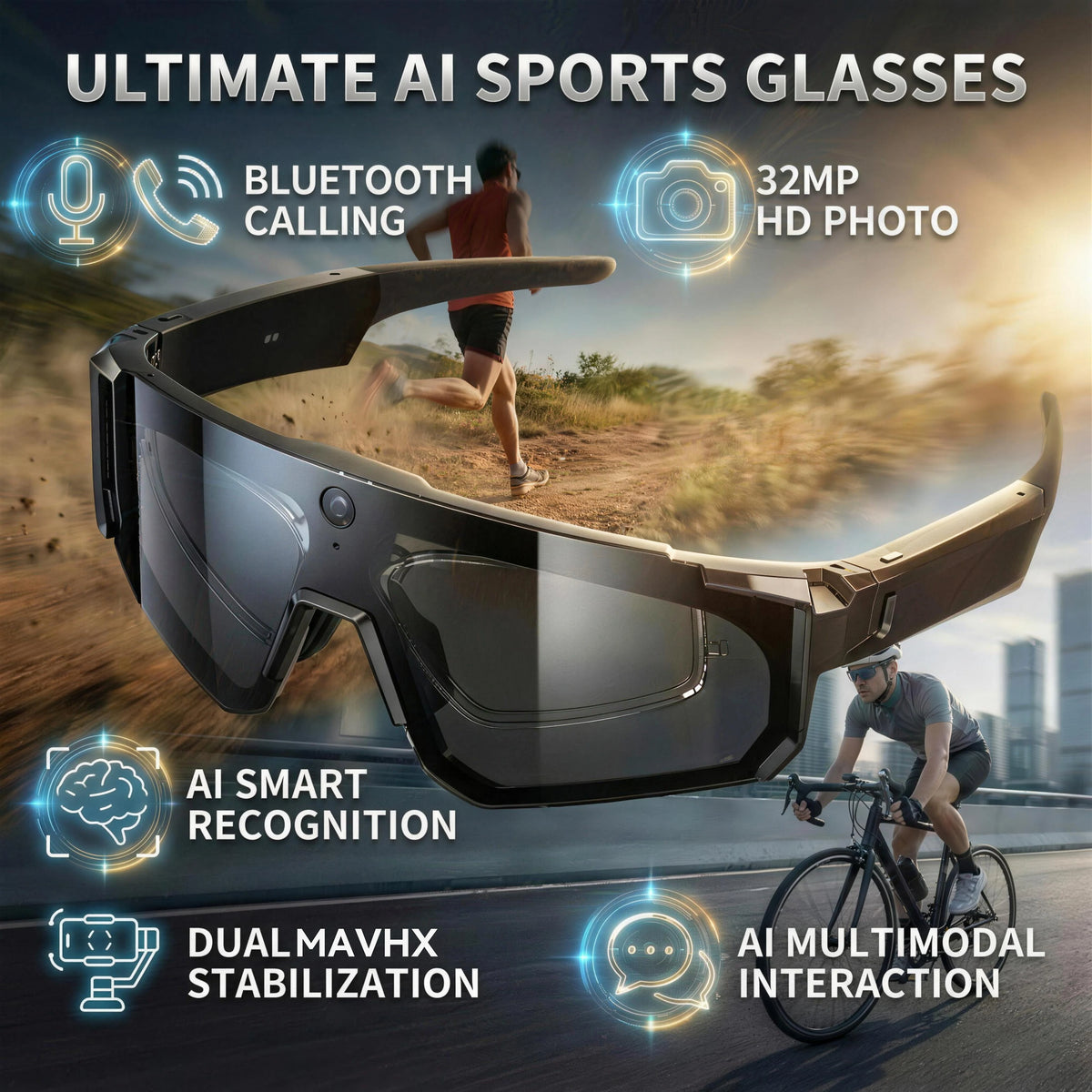 AI Voice Translate smarte briller med 1200P videokamera, Bluetooth, WiFi, bildestabilisering, polariserte linser – for kjøring og sport