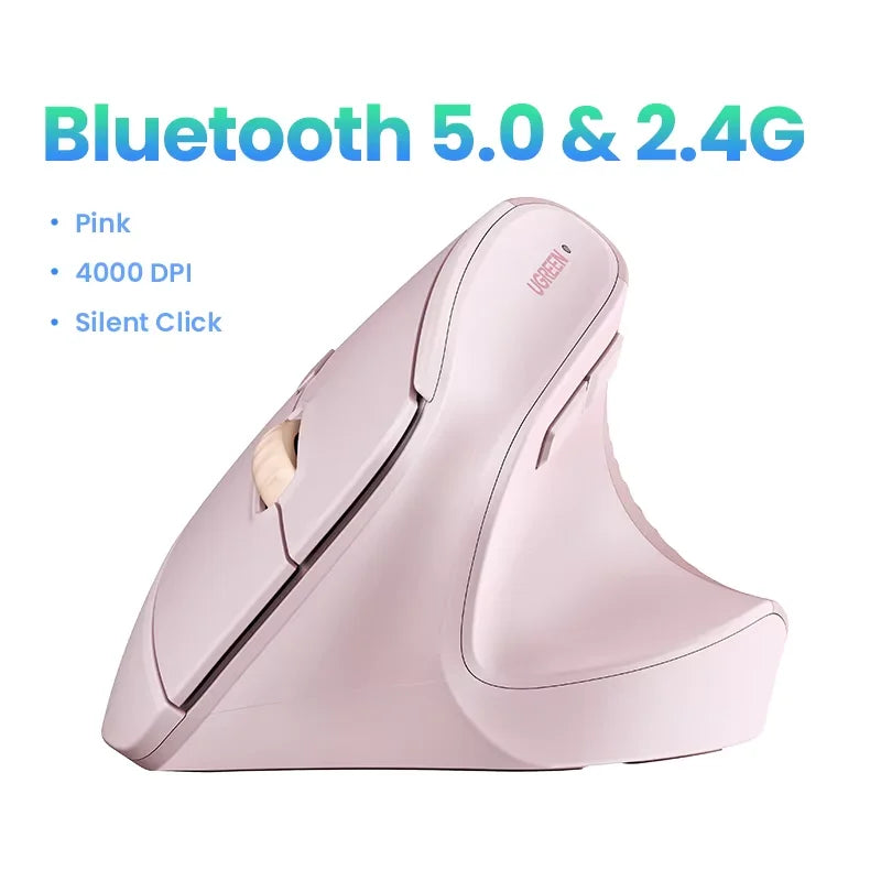 UGREEN Vertikal Trådløs Mus 2.4G Ergonomisk 4000DPI 6 Lydløse Knapper for MacBook Nettbrett Bærbare PC-er Datamus Svart Rosa