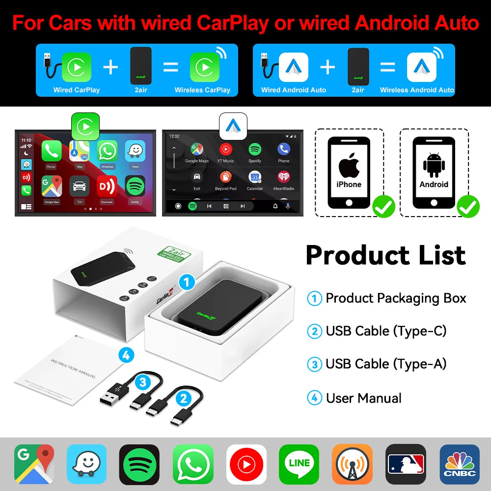 2026 CarlinKit 5.0 2Air trådløs Android Auto-boks bærbar CarPlay trådløs dongel for bilradio med kablet CarPlay/Android Auto