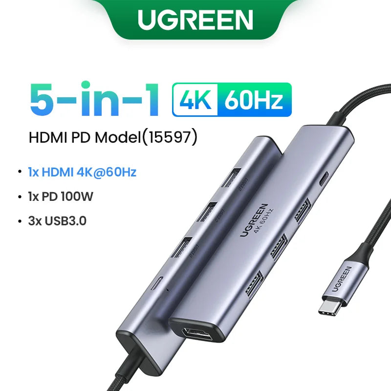 UGREEN 5-i-1 USB-C-hub med 4K HDMI og 100 W PD