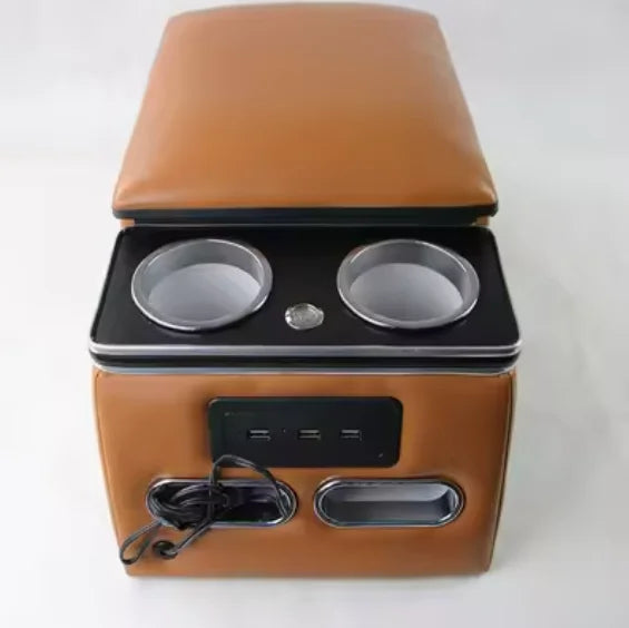 High-Quality Leather Car Rear Center Console Storage Armrest Box with Cup Holders Customizable for Various Models