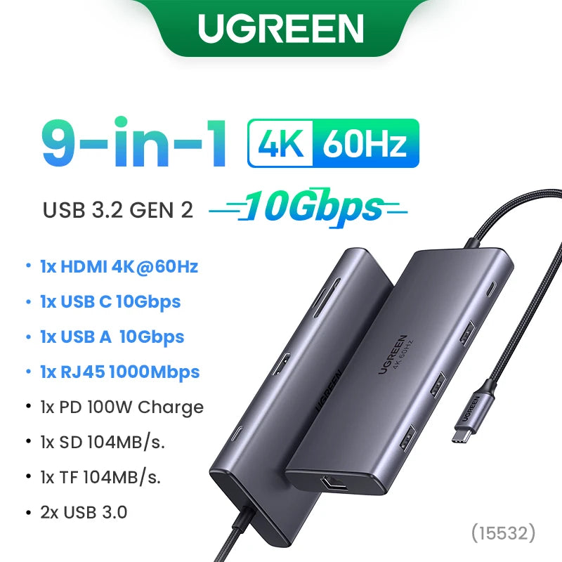 UGREEN 9-i-1 USB-C-hub med 4K HDMI, SD/TF, USB 3.0 og 100 W PD