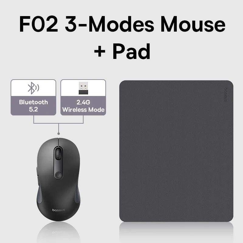 Baseus F02 Trådløs mus Bluetooth 5.2 2.4G 4000DPI Ergonomisk med 7 lydløse knapper for iPad MacBook Nettbrett Bærbar PC Datamus