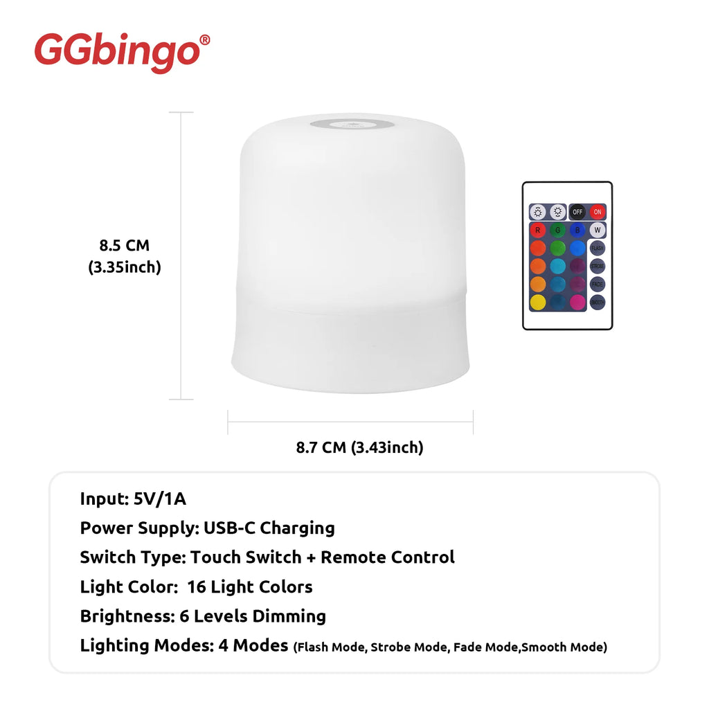GGbingo Touch nattlampe, oppladbar nattlampe med fjernkontroll, RGB dimbar bordlampe, stemningsbelysning for soverom og stue