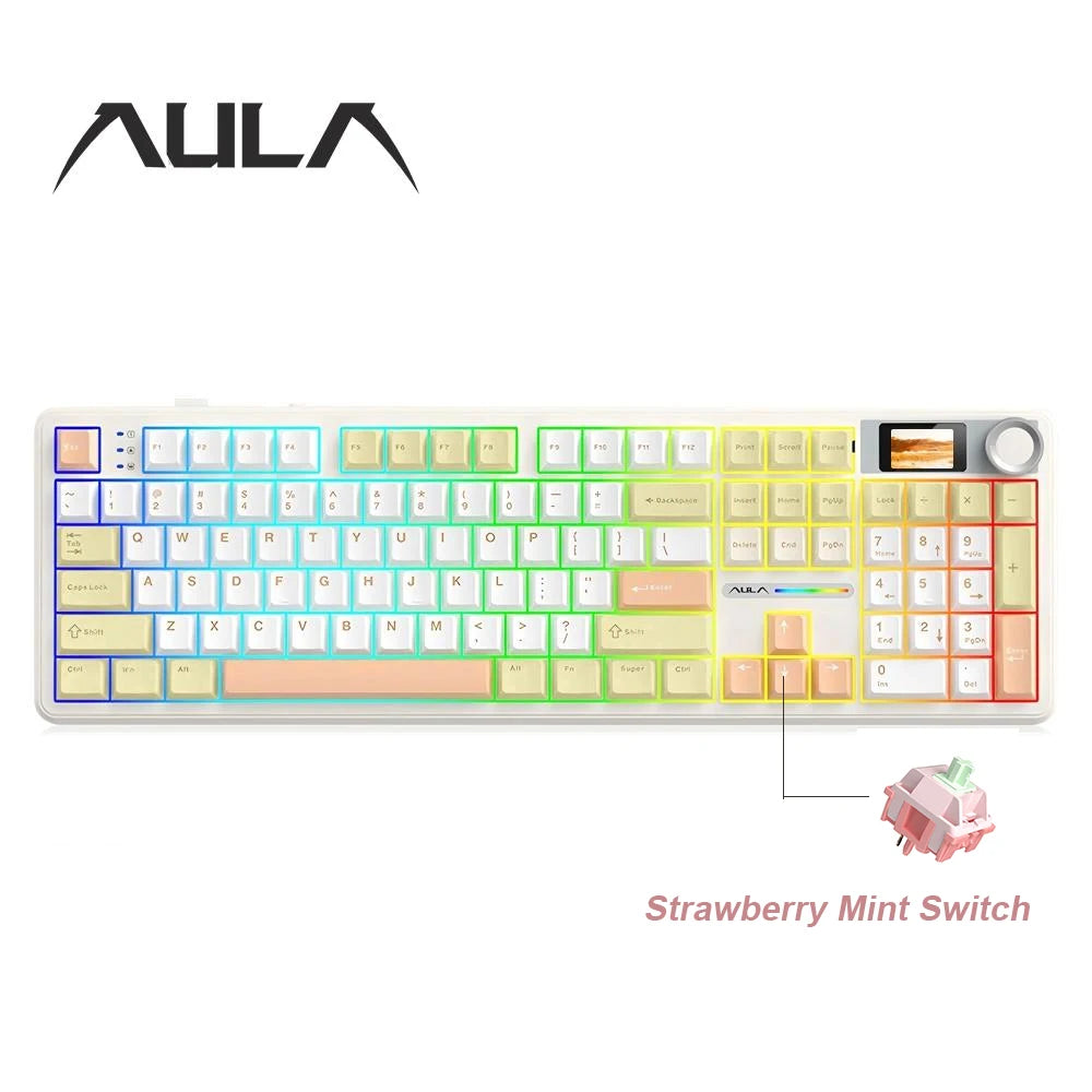 AULA F108 Pro gaming mekanisk tastatur, tremodus tilpassbart flertastskjerm RGB e-sport trådløst tastatur med TFT smartskjerm
