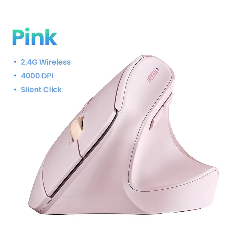 UGREEN Vertikal Trådløs Mus 2.4G Ergonomisk 4000DPI 6 Lydløse Knapper for MacBook Nettbrett Bærbare PC-er Datamus Svart Rosa