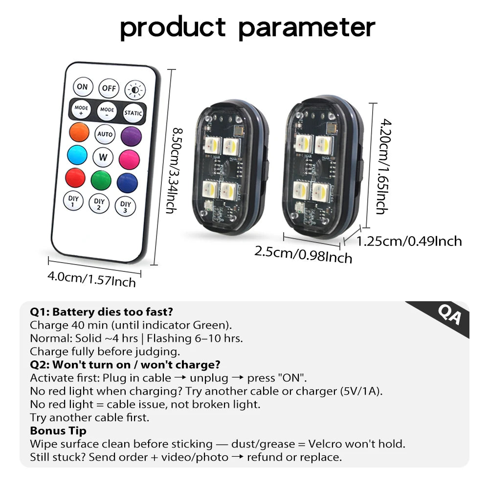2/4 stk trådløse LED-strobelys Bil dekor atmosfærelys, 8 farger oppladbare LED-lys Antikollisjons-LED-varsellys