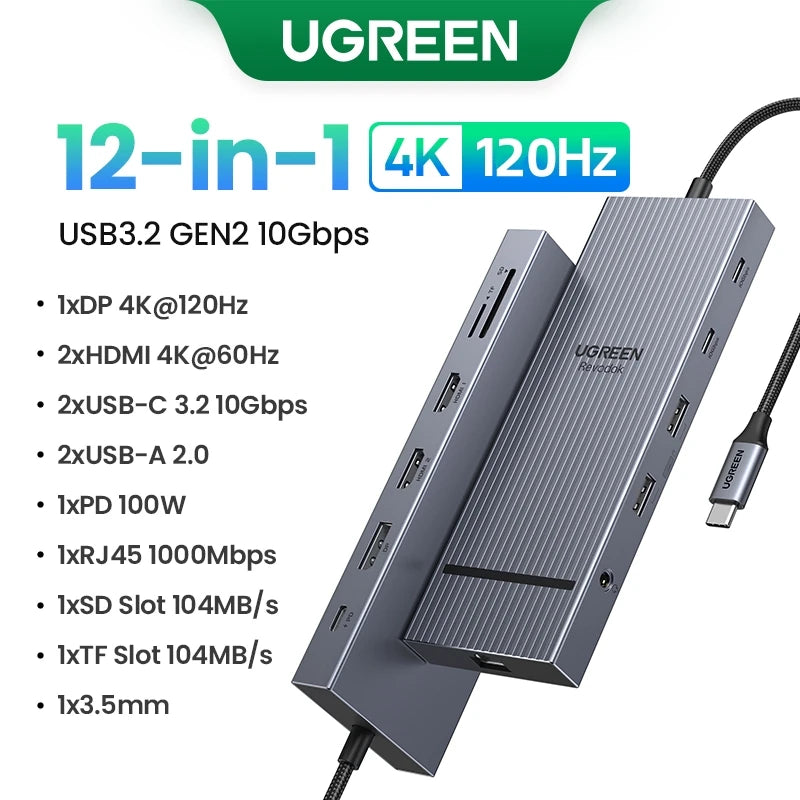 UGREEN 12-i-1 USB-C-hub – 2× HDMI, DP, 10 Gbps, RJ45 og 100 W PD