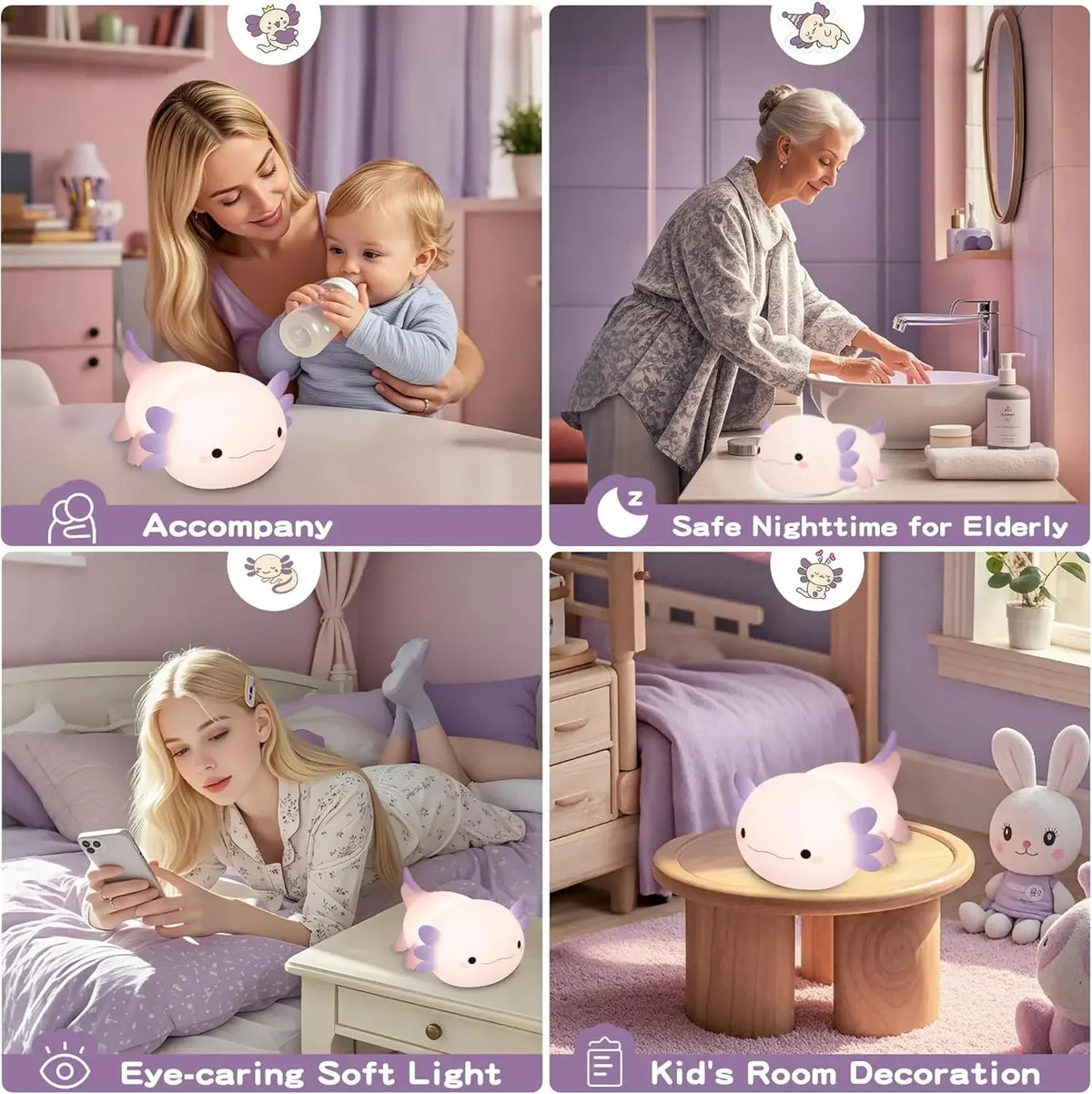 Night Light for Kids,Cute Purple Axolotl Lamp ,LED Squishy Nursery Nightlight,  Soft Silicone Novelty Animal Bedside Lamp