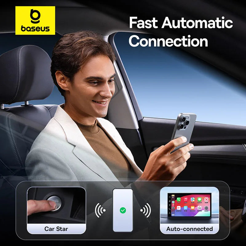Baseus trådløs CarPlay – Kablet til trådløs CarPlay-adapter – Automatisk tilkobling – Bilens intelligente systemer – Plug & Play – Bluetooth Smart CarPlay