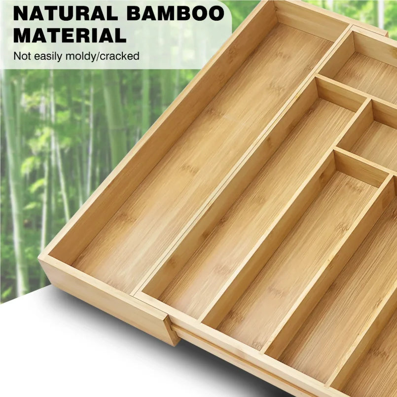 Uttrekkbar bestikkorganisator i bambus – 6–8 rom