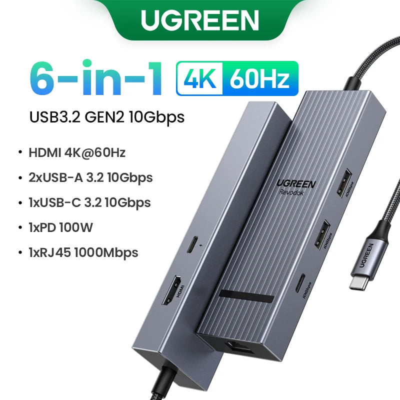 UGREEN 12-i-1 USB-C-hub – 2× HDMI, DP, 10 Gbps, RJ45 og 100 W PD