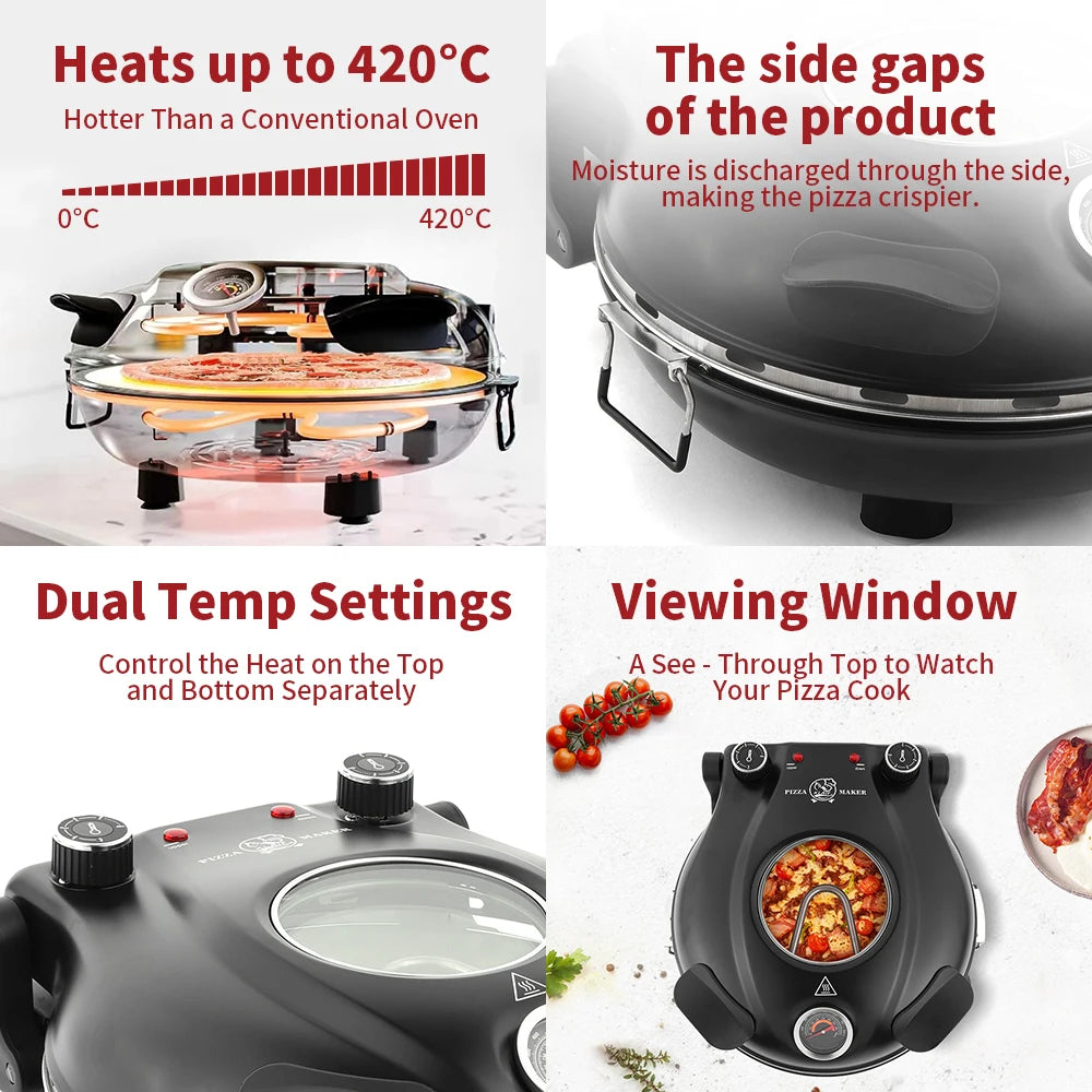 Klaif elektrisk pizzamaskin, 420℃, 1200 watt, 5 separate temperaturnivåer, flammebestandig steinplate 1200W 32cm