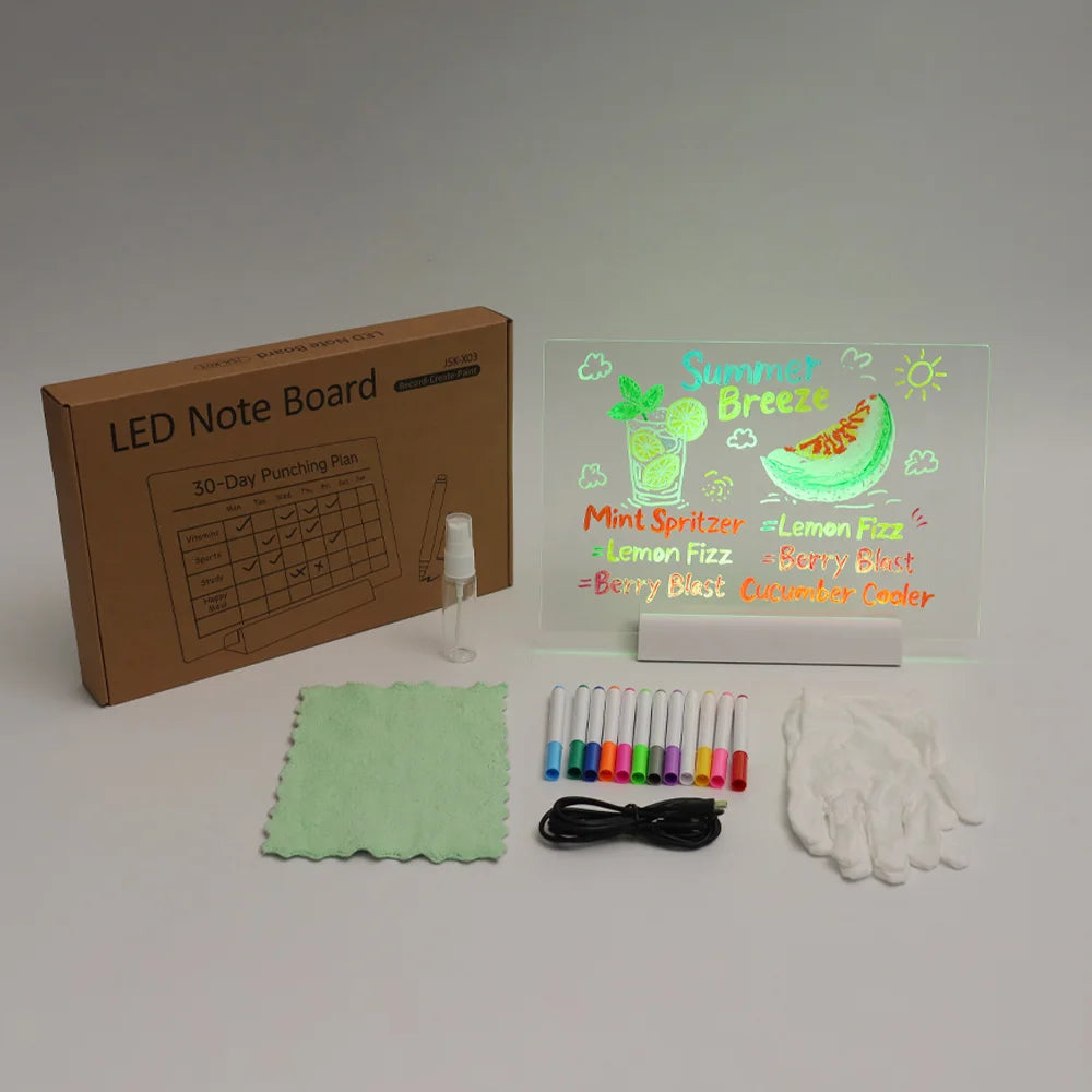 LED oppslagstavle DIY akryl nattlys 7 penner tegnebrett oppladbar RGB viskbar maleri tegnebrett barnebursdagsgave