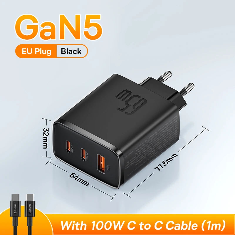 Baseus GaN5 65 W hurtiglader med tre porter