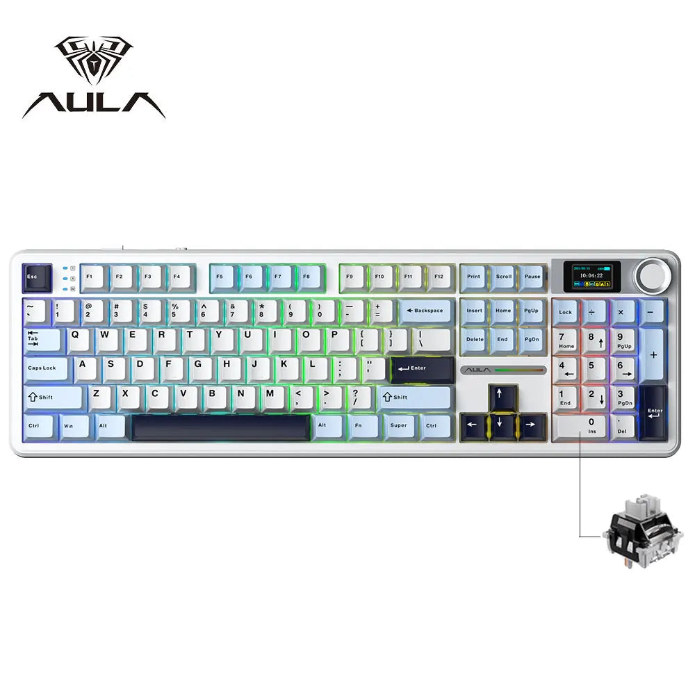 AULA F108 Pro gaming mekanisk tastatur, tremodus tilpassbart flertastskjerm RGB e-sport trådløst tastatur med TFT smartskjerm