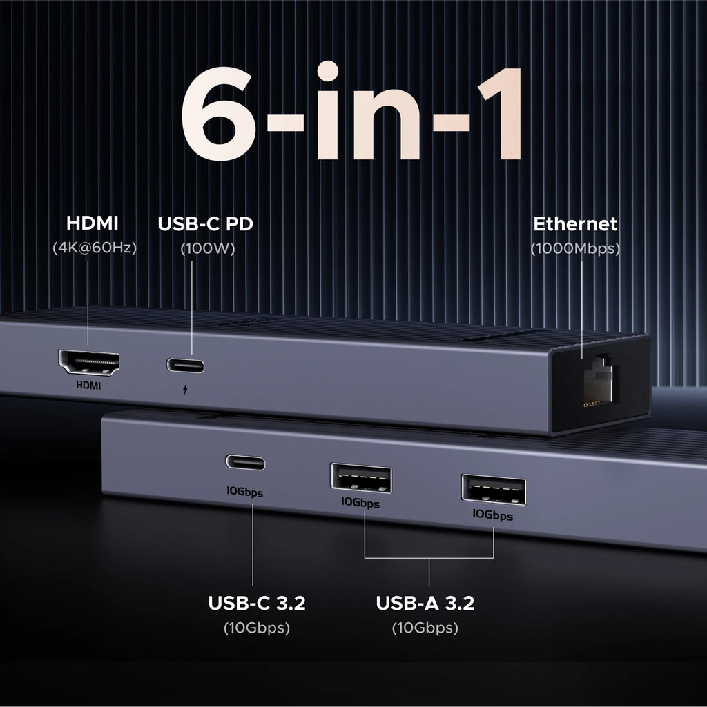 UGREEN 6-i-1 USB-C-hub med 4K 60Hz HDMI, Gigabit Ethernet og 100 W PD
