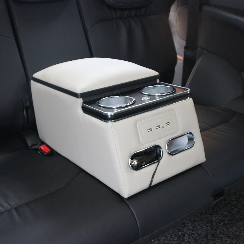 High-Quality Leather Car Rear Center Console Storage Armrest Box with Cup Holders Customizable for Various Models