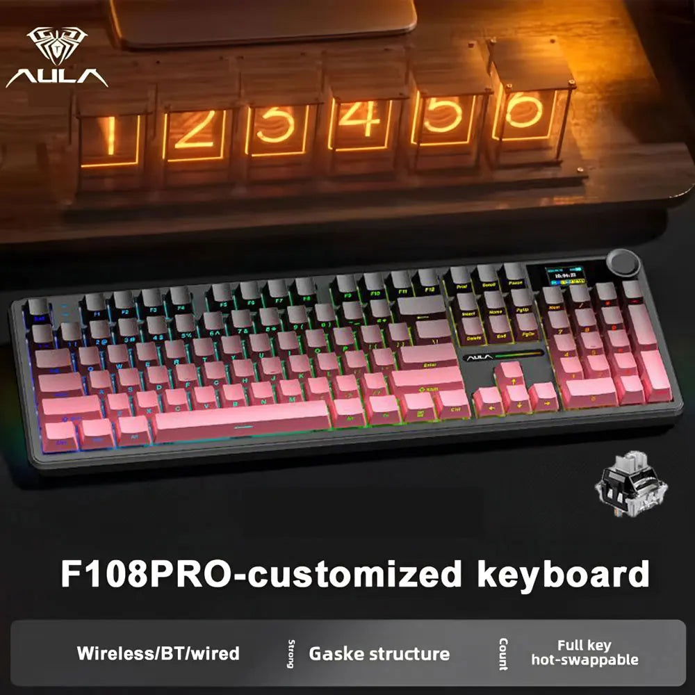 AULA F108 Pro gaming mekanisk tastatur, tremodus tilpassbart flertastskjerm RGB e-sport trådløst tastatur med TFT smartskjerm