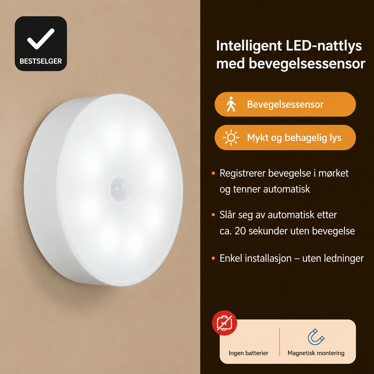 LED-nattlys med bevegelsessensor og magnetfeste