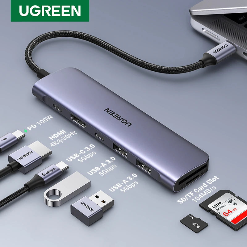 UGREEN 9-i-1 USB-C-hub med 4K HDMI, SD/TF, USB 3.0 og 100 W PD