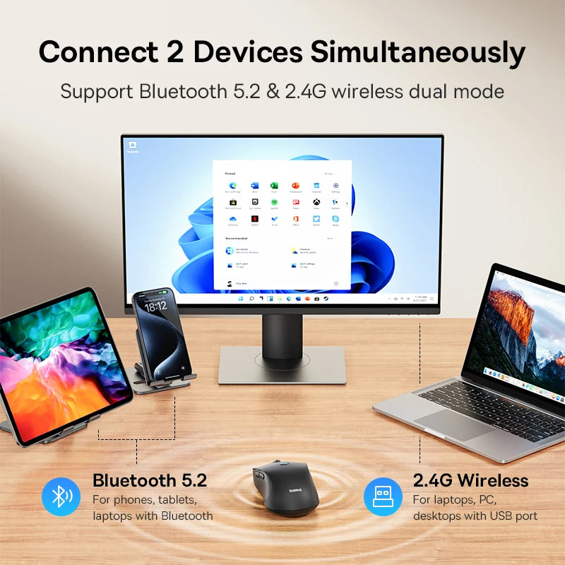 Baseus F02 Trådløs mus Bluetooth 5.2 2.4G 4000DPI Ergonomisk med 7 lydløse knapper for iPad MacBook Nettbrett Bærbar PC Datamus